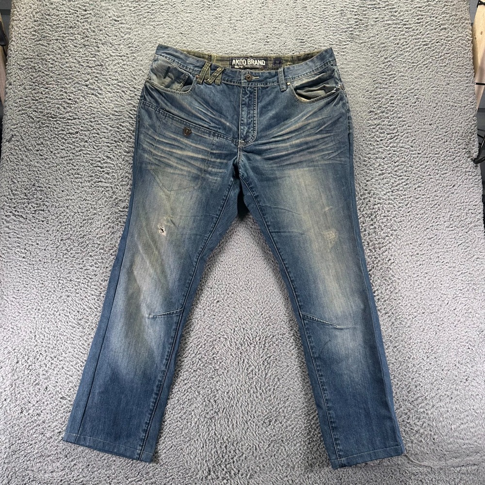 Vintage Akoo Jeans Men 38x30 Blue Cotton Denim Straight Faded Whiskered Workwear